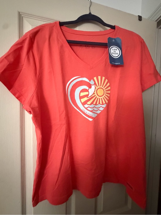 Life Is Good Tops - Life Is Good Orange V-Neck Heart Sun Graphic Tee
